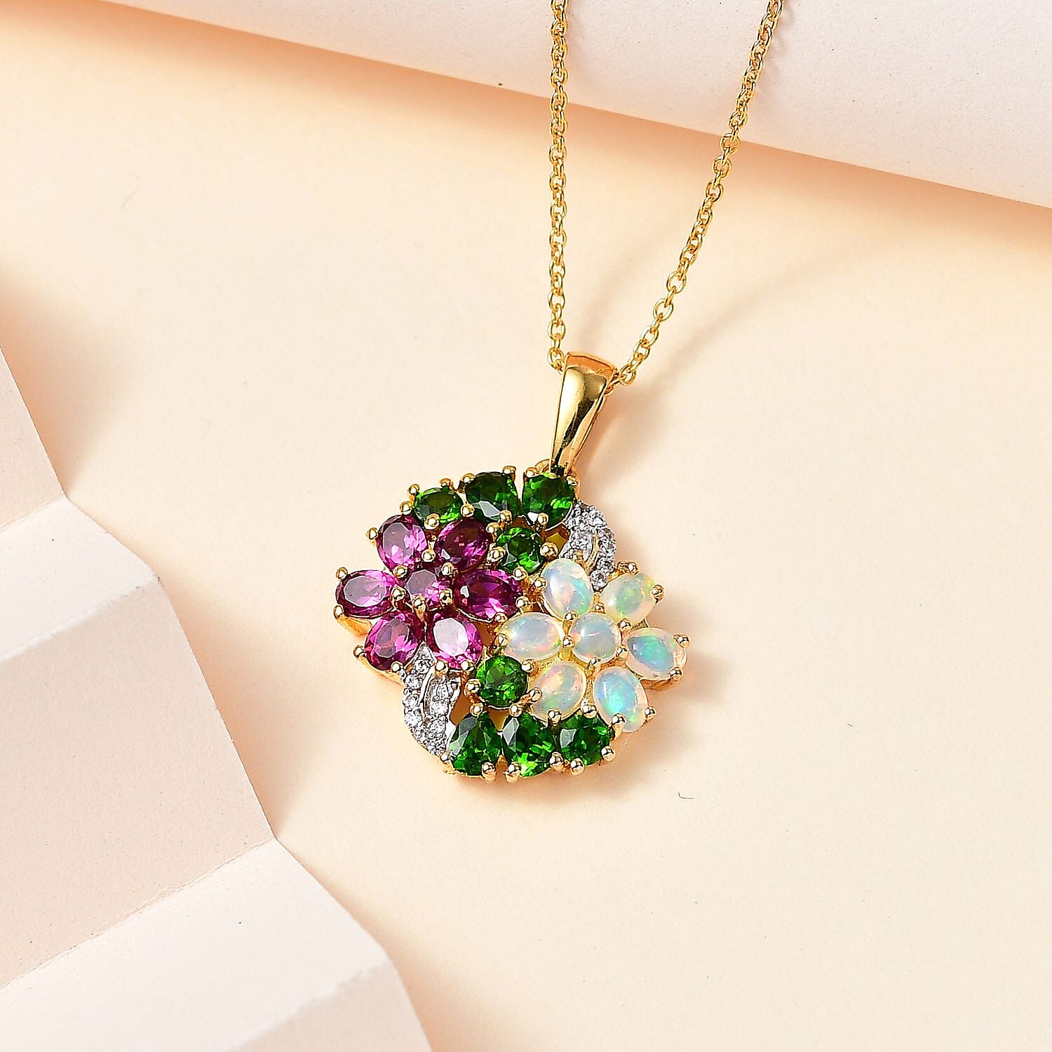 Ethiopian Welo Opal, Rhodolite Garnet, Chrome Diopside & Zircon Floral Pendant with Chain (Size 20) in 18K Yellow Gold Vermeil Plated Sterling Silver 3.5 Ct, Silver Wt 6.42 GM