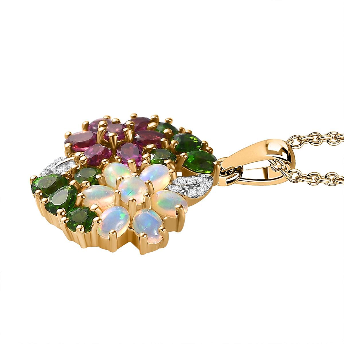 Ethiopian Welo Opal, Rhodolite Garnet, Chrome Diopside & Zircon Floral Pendant with Chain (Size 20) in 18K Yellow Gold Vermeil Plated Sterling Silver 3.5 Ct, Silver Wt 6.42 GM
