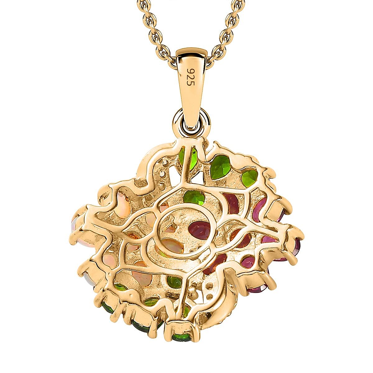 Ethiopian Welo Opal, Rhodolite Garnet, Chrome Diopside & Zircon Floral Pendant with Chain (Size 20) in 18K Yellow Gold Vermeil Plated Sterling Silver 3.5 Ct, Silver Wt 6.42 GM