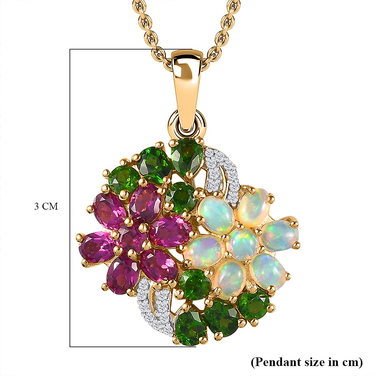 Ethiopian Welo Opal, Rhodolite Garnet, Chrome Diopside & Zircon Floral Pendant with Chain (Size 20) in 18K Yellow Gold Vermeil Plated Sterling Silver 3.5 Ct, Silver Wt 6.42 GM