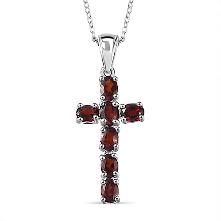 D'Joy - Red Garnet Cross Pendant with Chain (Size 20) in Platinum Overlay Sterling Silver 1.64 Ct.