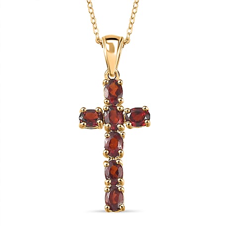 D'Joy - Red Garnet Cross Pendant with Chain (Size 20) in 18K Vermeil Yellow Gold Plated Sterling Silver 1.64 Ct.