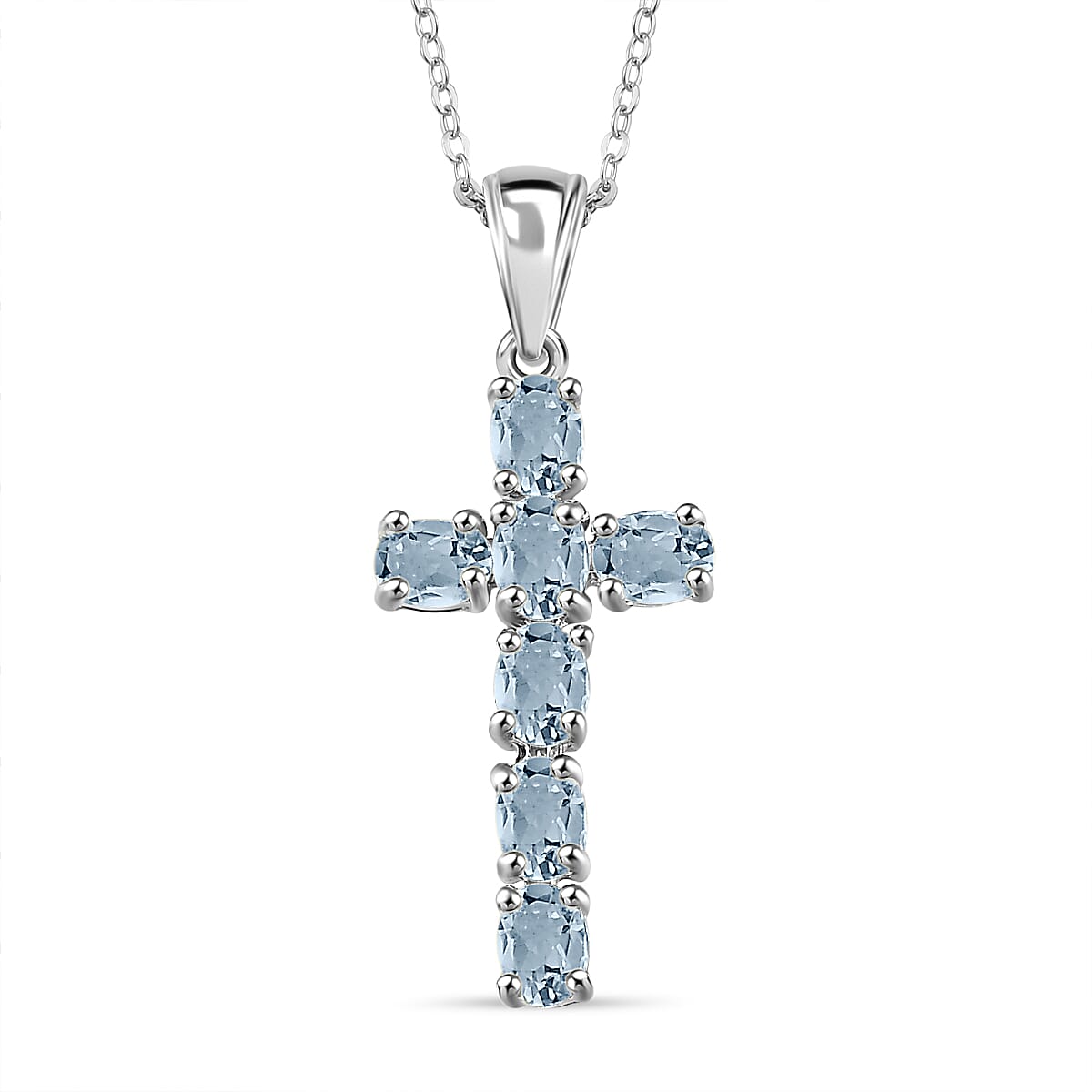 D'Joy - Aquamarine Cross Pendant with Chain (Size 20) in Platinum Overlay Sterling Silver
