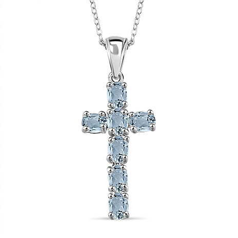 D'Joy - Aquamarine Cross Pendant with Chain (Size 20) in Platinum Overlay Sterling Silver