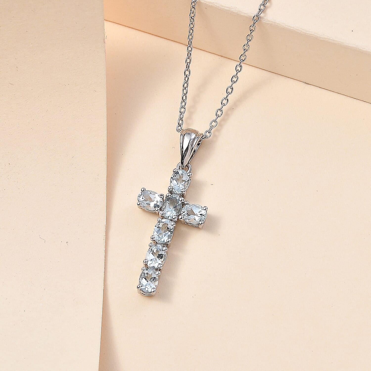 D'Joy - Aquamarine Cross Pendant with Chain (Size 20) in Platinum Overlay Sterling Silver