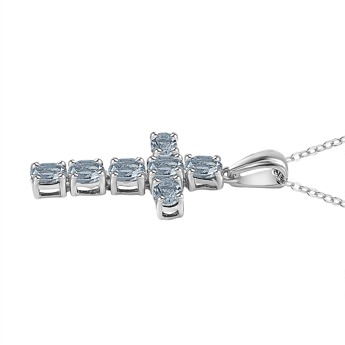 D'Joy - Aquamarine Cross Pendant with Chain (Size 20) in Platinum Overlay Sterling Silver
