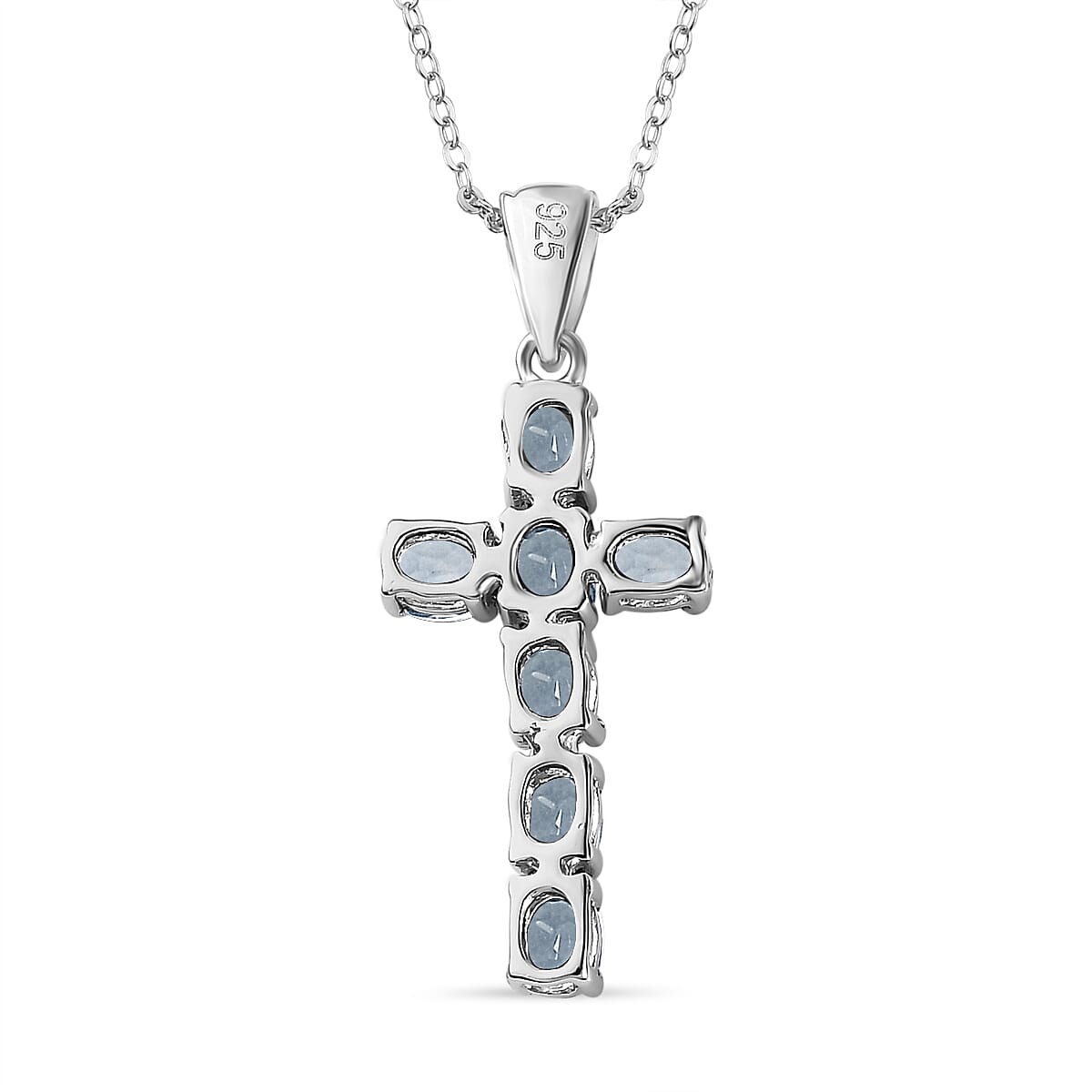 D'Joy - Aquamarine Cross Pendant with Chain (Size 20) in Platinum Overlay Sterling Silver