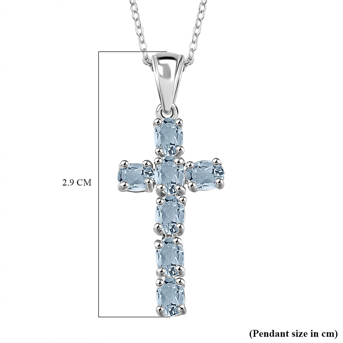 D'Joy - Aquamarine Cross Pendant with Chain (Size 20) in Platinum Overlay Sterling Silver