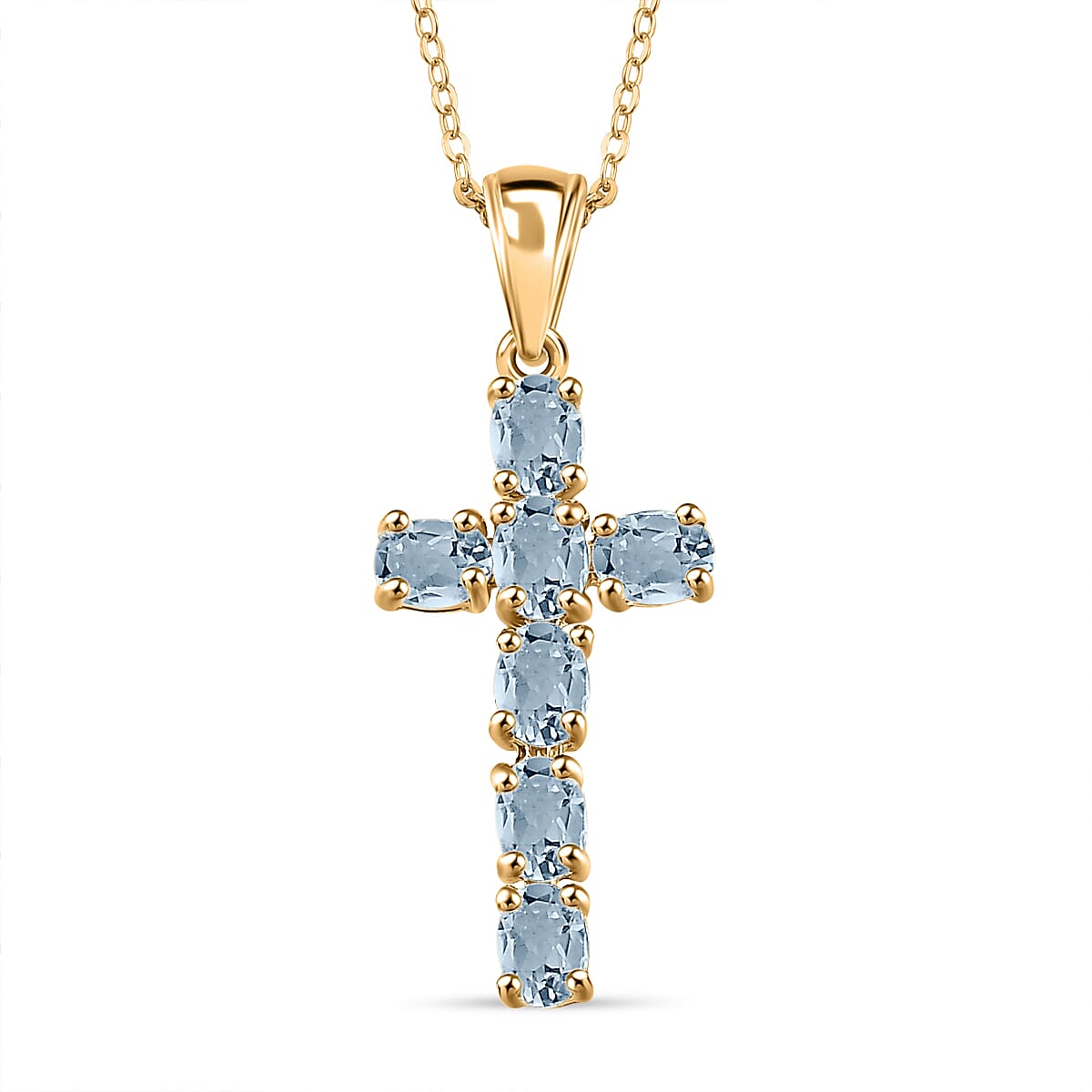 D'Joy - Aquamarine Cross Pendant with Chain (Size 20) in 18K Vermeil Yellow Gold Plated Sterling Silver