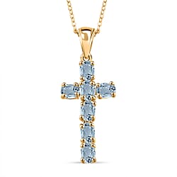 D'Joy - Aquamarine Cross Pendant with Chain (Size 20) in 18K Vermeil Yellow Gold Plated Sterling Silver