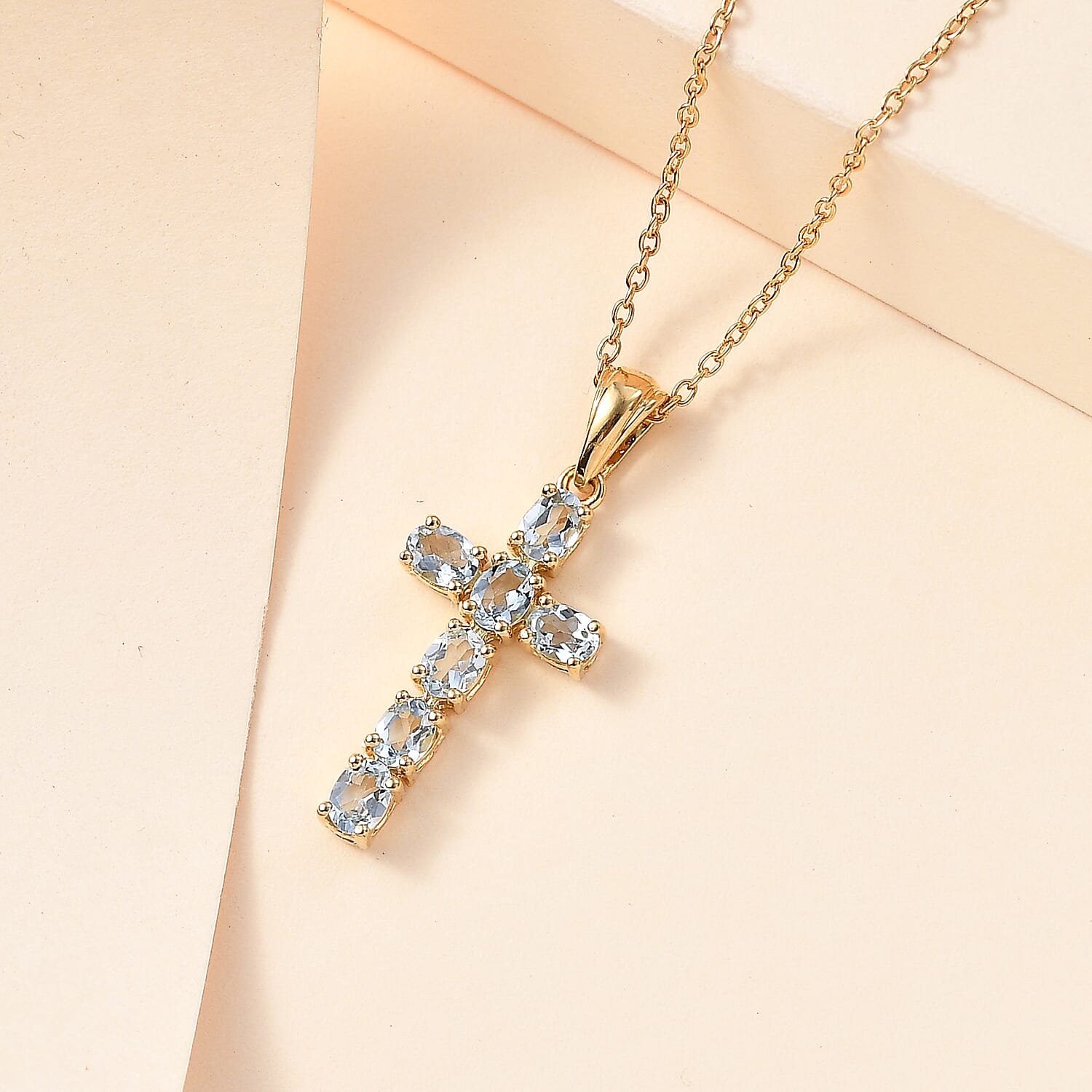 D'Joy - Aquamarine Cross Pendant with Chain (Size 20) in 18K Vermeil Yellow Gold Plated Sterling Silver