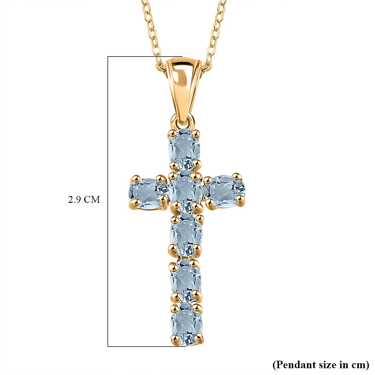 D'Joy - Aquamarine Cross Pendant with Chain (Size 20) in 18K Vermeil Yellow Gold Plated Sterling Silver