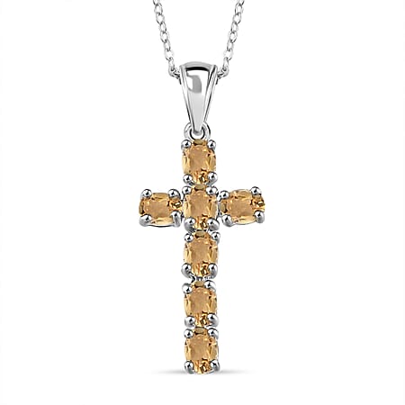 D'Joy - Citrine Cross Pendant with Chain (Size 20) in Platinum Overlay Sterling Silver 1.20 Ct.