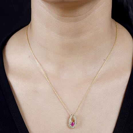 Natural John Saul Ruby & Natural Zircon Pendant with Chain (Size 20) in 18K Vermeil Yellow Gold Plated Sterling Silver