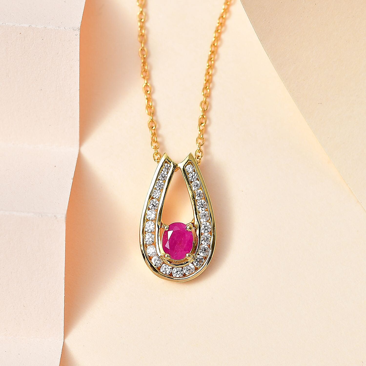Natural John Saul Ruby & Natural Zircon Pendant with Chain (Size 20) in 18K Vermeil YG Plated Sterling Silver