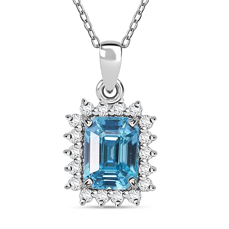 Blue Zircon & Moissanite Pendant with Chain (Size 20) in Rhodium Overlay Sterling Silver 2.40 Ct