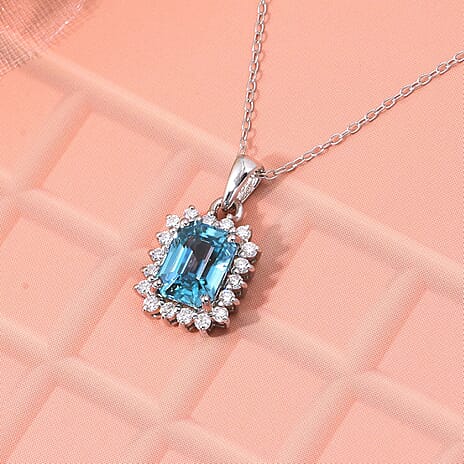 Blue Zircon & Moissanite Pendant with Chain (Size 20) in Rhodium Overlay Sterling Silver 2.40 Ct
