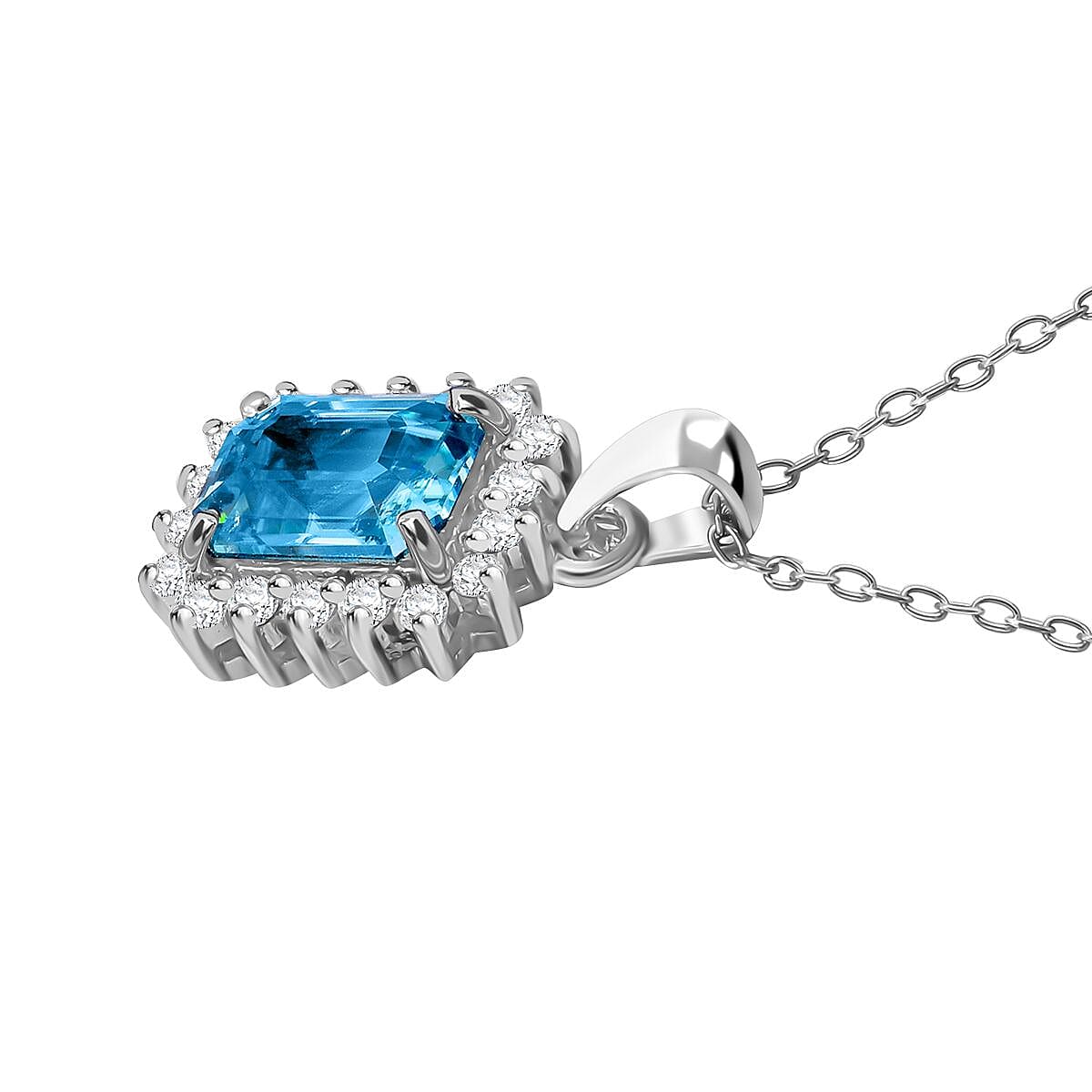 Blue Zircon & Moissanite Pendant with Chain (Size 20) in Rhodium Overlay Sterling Silver 2.40 Ct