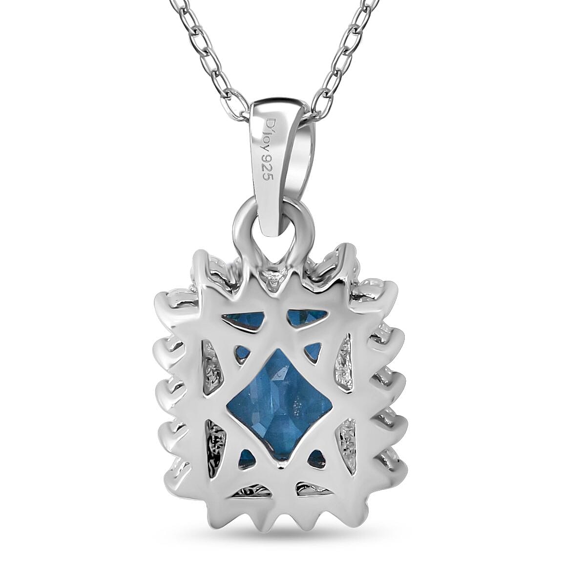 Blue Zircon & Moissanite Pendant with Chain (Size 20) in Rhodium Overlay Sterling Silver 2.40 Ct