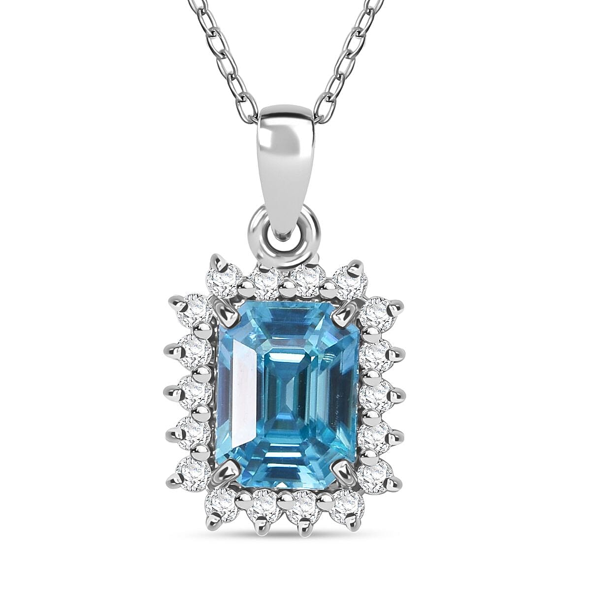 Blue Zircon & Moissanite Pendant with Chain (Size 20) in Rhodium Overlay Sterling Silver 2.40 Ct