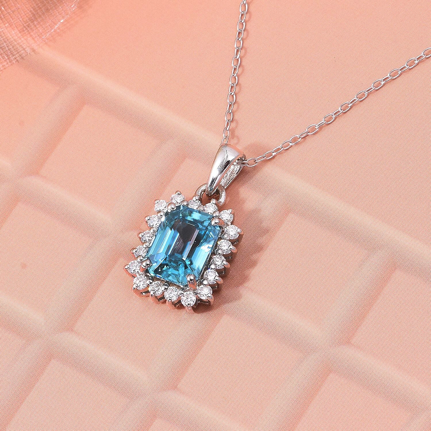 Blue Zircon & Moissanite Pendant with Chain (Size 20) in Rhodium Overlay Sterling Silver 2.40 Ct