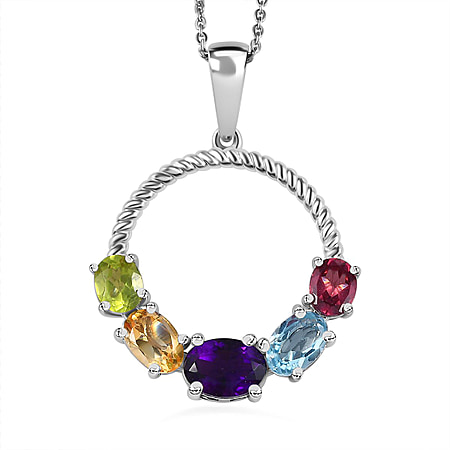 African Amethyst,  Lotus Garnet,  Citrine,  Skyblue Topaz,  Peridot Pendant with Chain (Size 20) in Platinum Overlay Sterling Silver 1.68 ct  Silver Wt. 5.4 Gms  2.630  Ct.