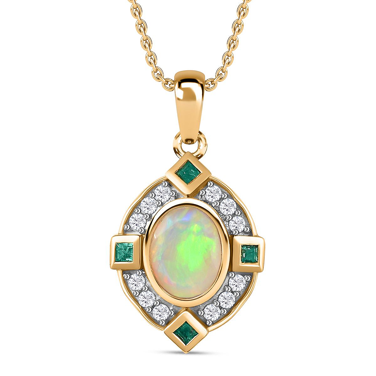 Ethiopian Welo Opal, Natural Zircon & Zambian Emerald Pendant with Chain (Size 20) 18K Vermeil YG Plated Sterling Silver 1.81 Ct, Silver Wt. 5.62 Gms