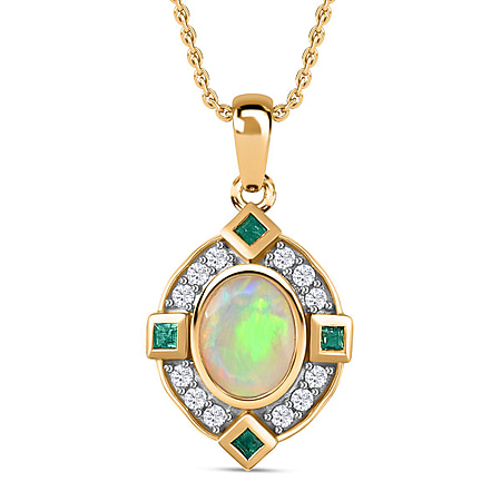 Ethiopian Welo Opal, Natural Zircon and Zambian Emerald Pendant with Chain (Size 20) 18K Vermeil Yellow Gold Plated Sterling Silver 1.81 Ct, Silver Wt. 5.62 Gms