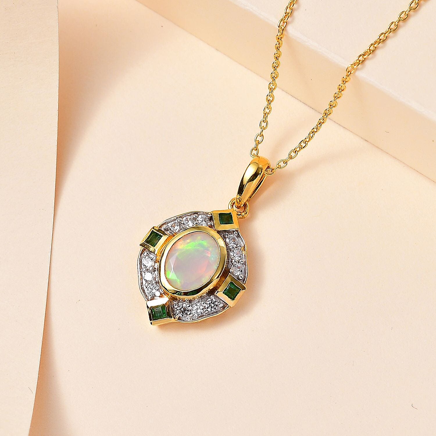 Ethiopian Welo Opal, Natural Zircon & Zambian Emerald Pendant with Chain (Size 20) 18K Vermeil YG Plated Sterling Silver 1.81 Ct, Silver Wt. 5.62 Gms