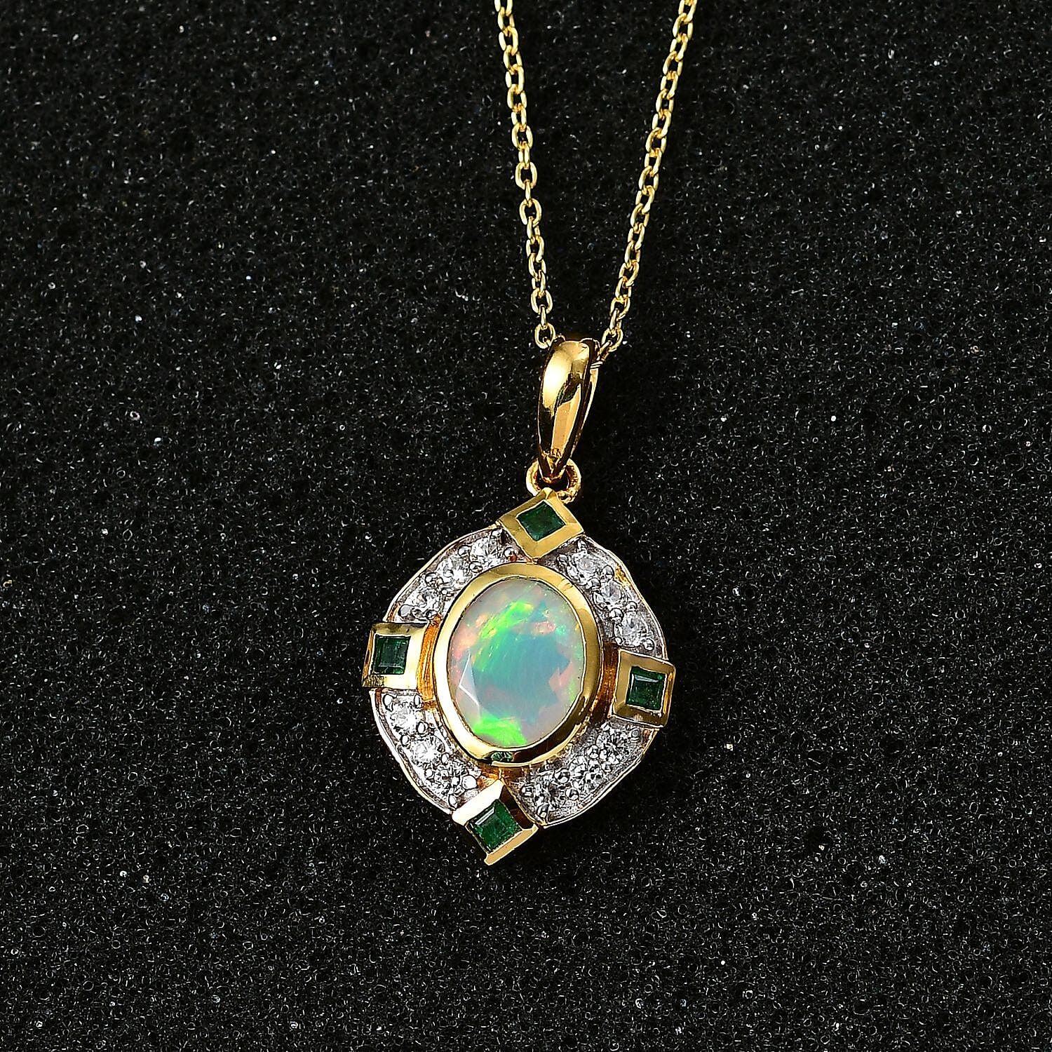 Ethiopian Welo Opal, Natural Zircon & Zambian Emerald Pendant with Chain (Size 20) 18K Vermeil YG Plated Sterling Silver 1.81 Ct, Silver Wt. 5.62 Gms