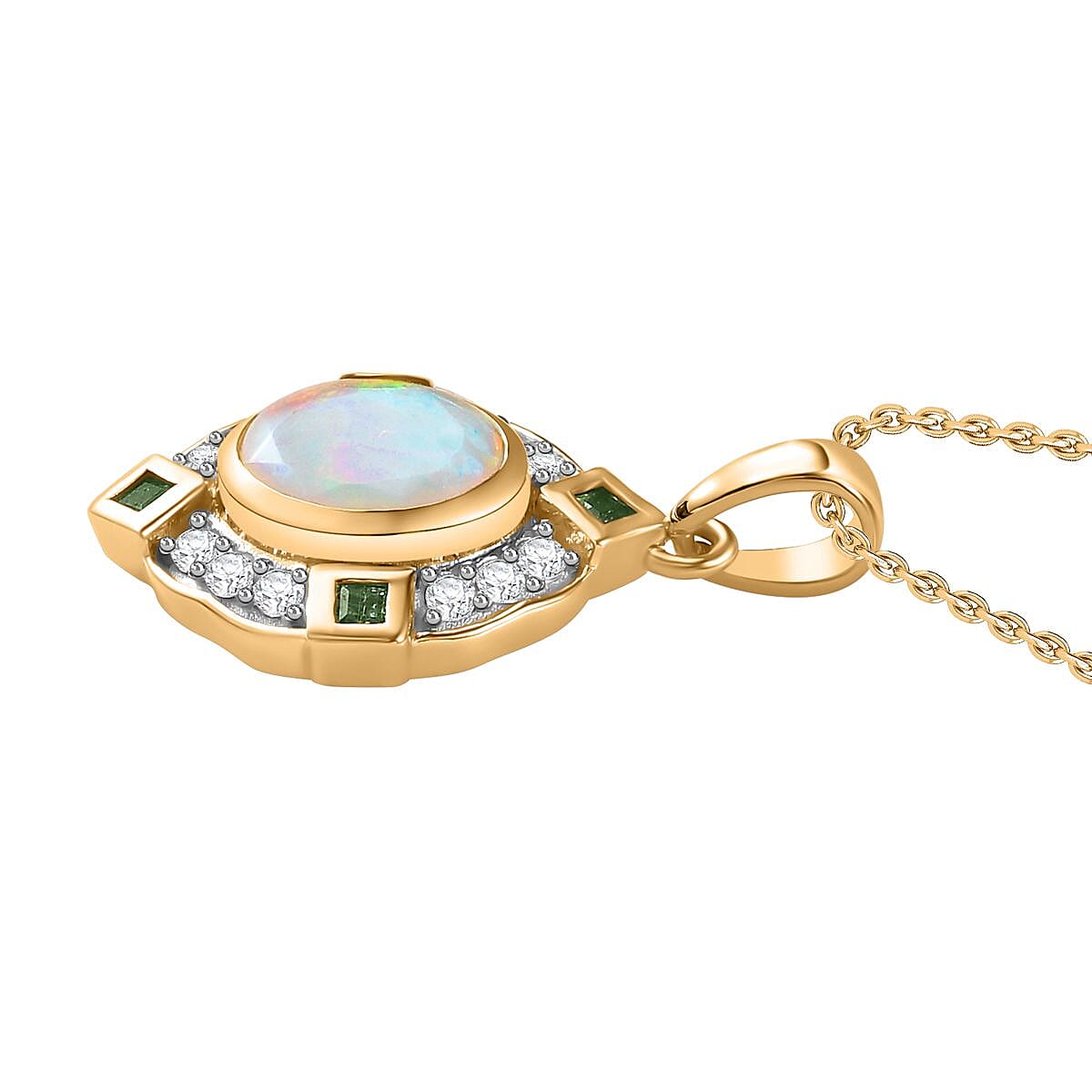 Ethiopian Welo Opal, Natural Zircon & Zambian Emerald Pendant with Chain (Size 20) 18K Vermeil YG Plated Sterling Silver 1.81 Ct, Silver Wt. 5.62 Gms