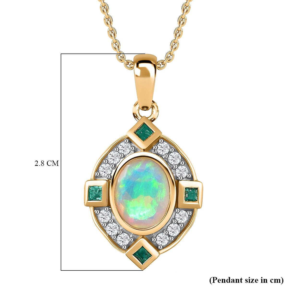 Ethiopian Welo Opal, Natural Zircon & Zambian Emerald Pendant with Chain (Size 20) 18K Vermeil YG Plated Sterling Silver 1.81 Ct, Silver Wt. 5.62 Gms