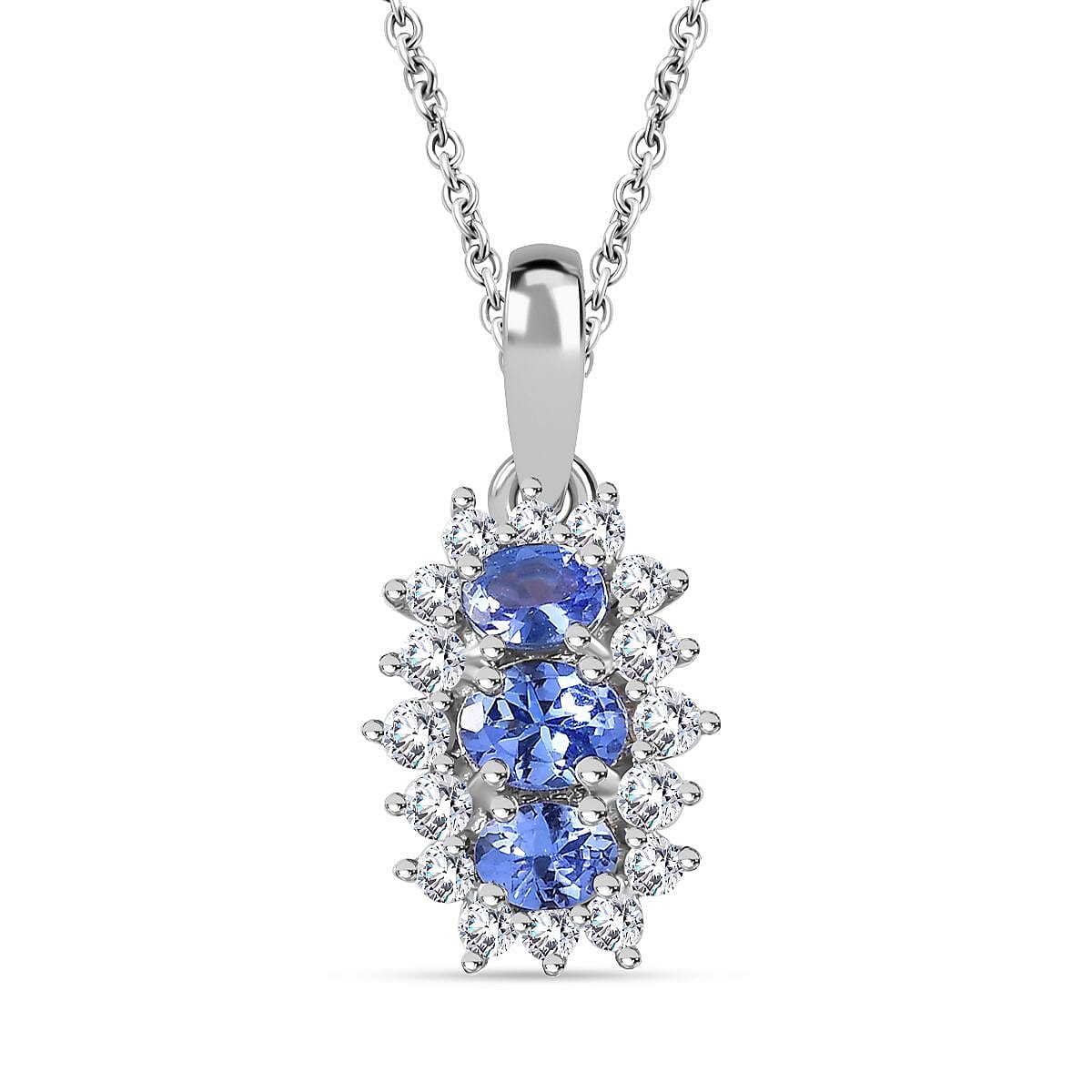 Premium Tanzanite & Natural Zircon Cluster Pendant with Chain (Size 20) in Platinum Overlay Sterling Silver 1.34 Ct.
