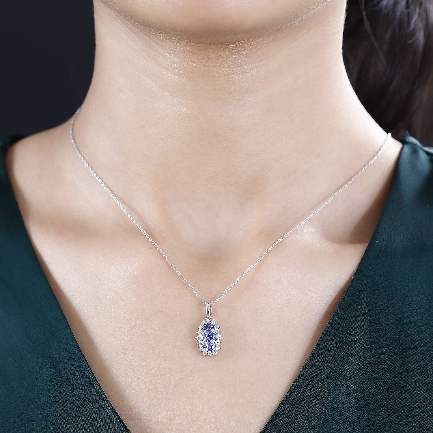 Premium Tanzanite & Natural Zircon Cluster Pendant with Chain (Size 20) in Platinum Overlay Sterling Silver 1.34 Ct.