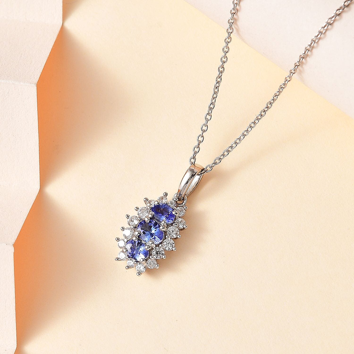 Premium Tanzanite & Natural Zircon Cluster Pendant with Chain (Size 20) in Platinum Overlay Sterling Silver 1.34 Ct.