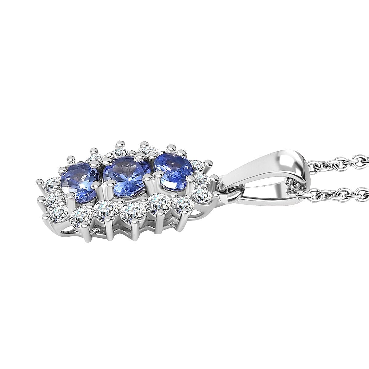 Premium Tanzanite & Natural Zircon Cluster Pendant with Chain (Size 20) in Platinum Overlay Sterling Silver 1.34 Ct.