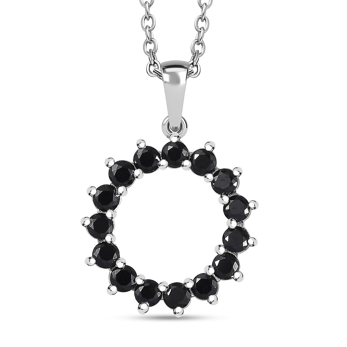 Boi Ploi Black Spinel Sterling Silver Circle Pendant with Stainless Steel Chain (Size 20), 1.65 Ct.