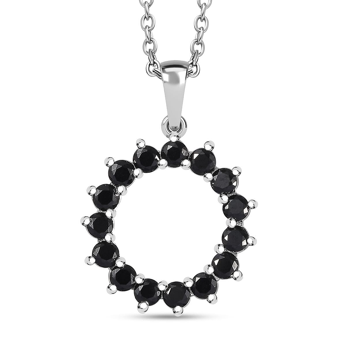  Boi Ploi Black Spinel Sterling Silver Circle Pendant with Stainless Steel Chain (Size 20), 1.65 Ct.