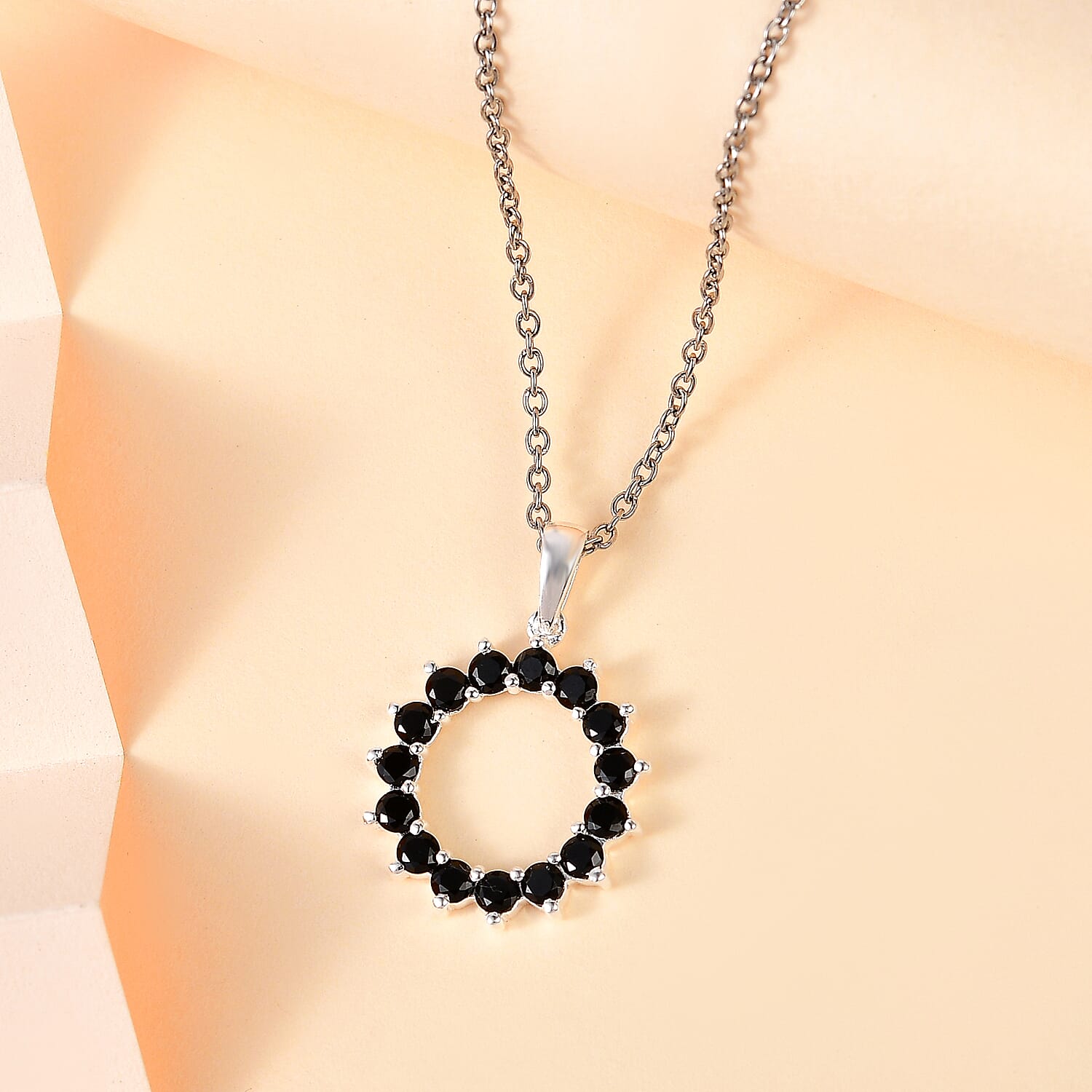  Boi Ploi Black Spinel Sterling Silver Circle Pendant with Stainless Steel Chain (Size 20), 1.65 Ct.
