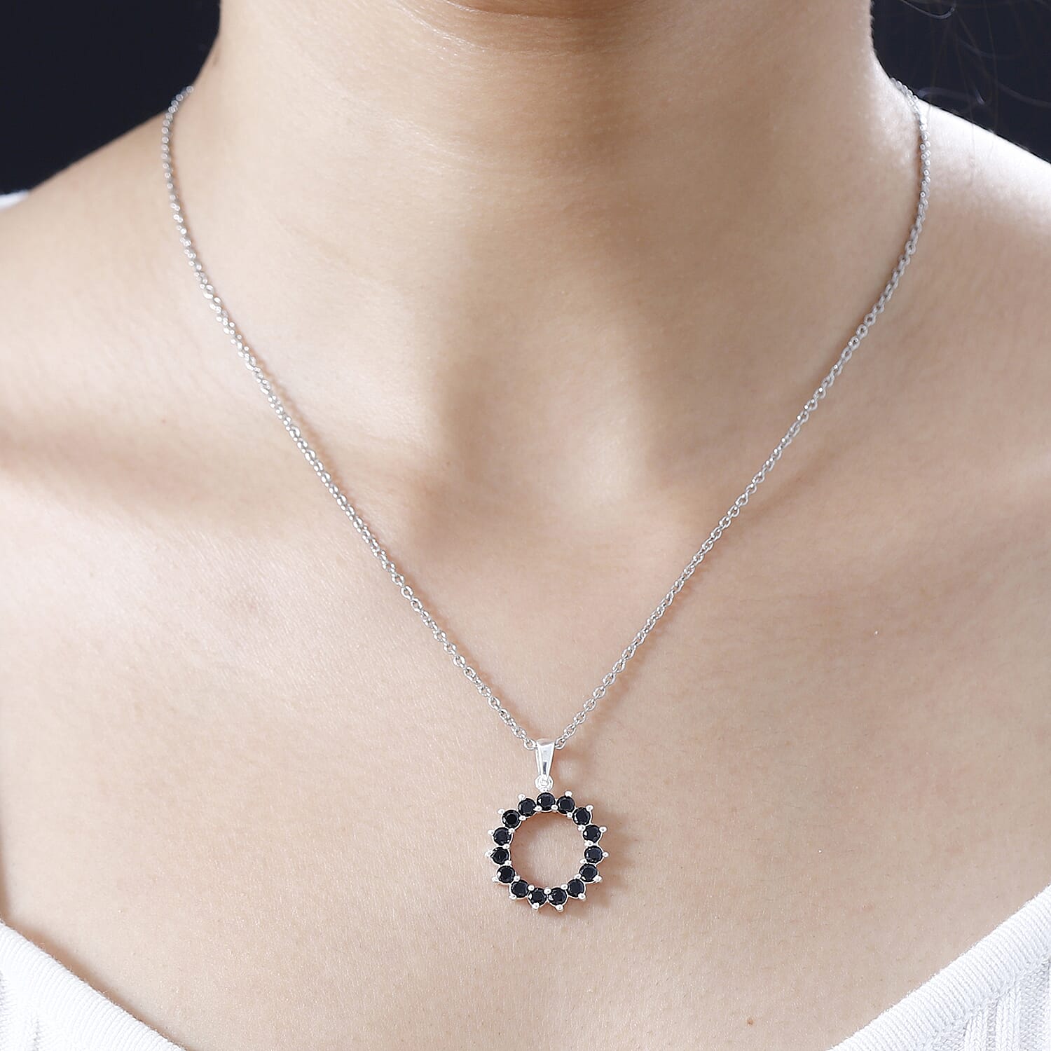  Boi Ploi Black Spinel Sterling Silver Circle Pendant with Stainless Steel Chain (Size 20), 1.65 Ct.