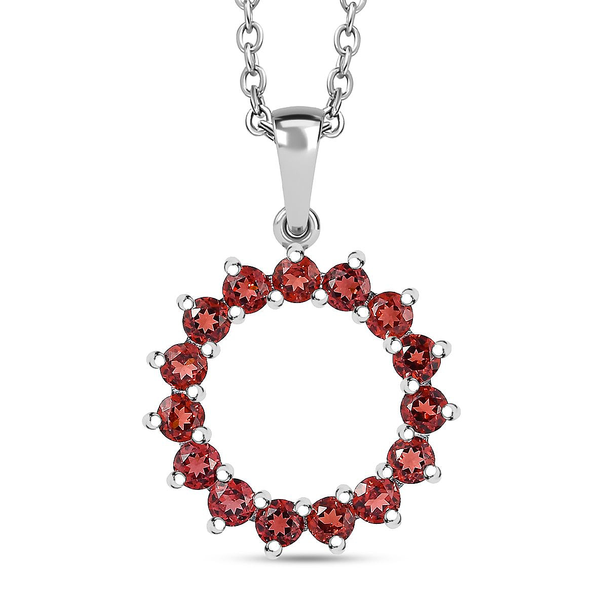 Red Garnet Sterling Silver Circle Pendant with Stainless Steel Chain (Size 20), 1.59 Ct.