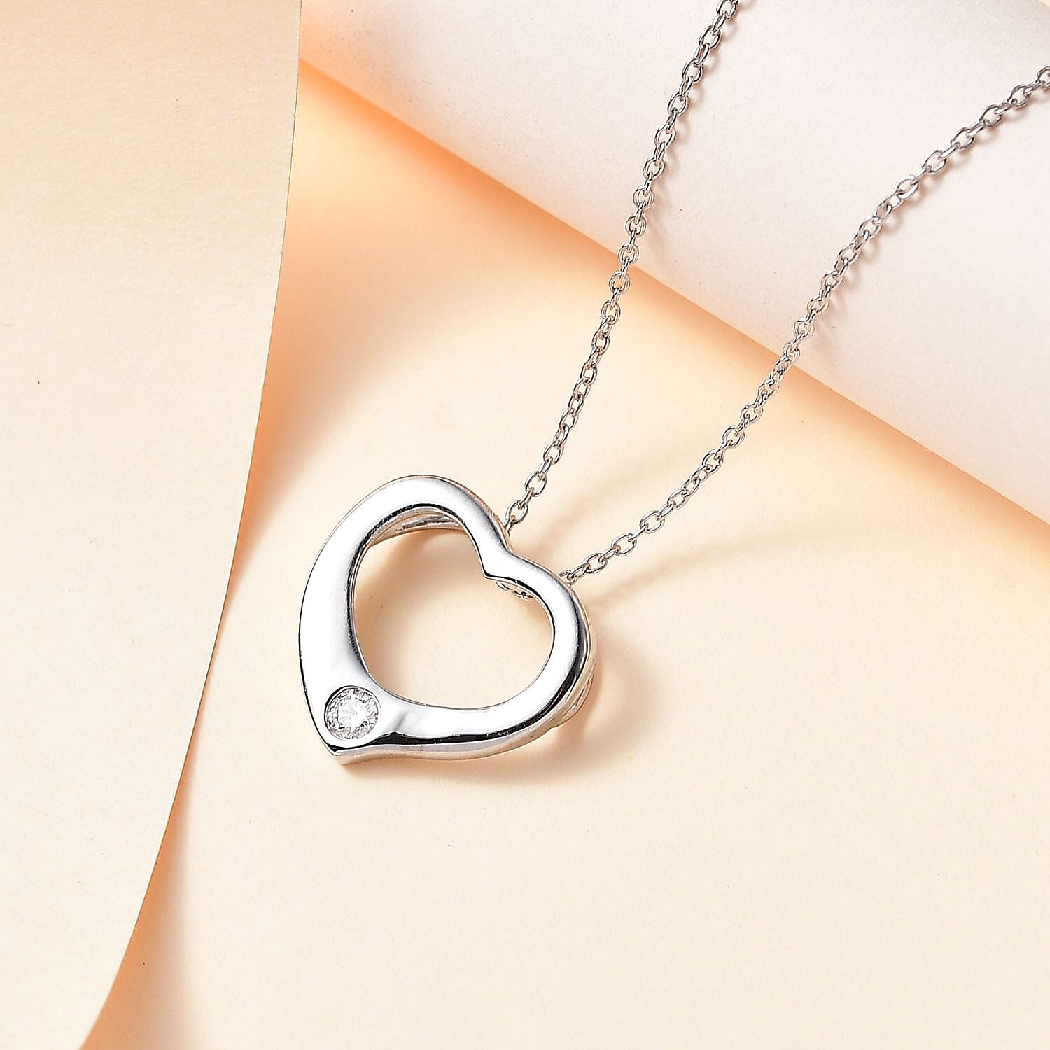 Designer Inspiration- Moissanite Heart Pendant with Chain (Size 20) in Platinum Overlay Sterling Silver