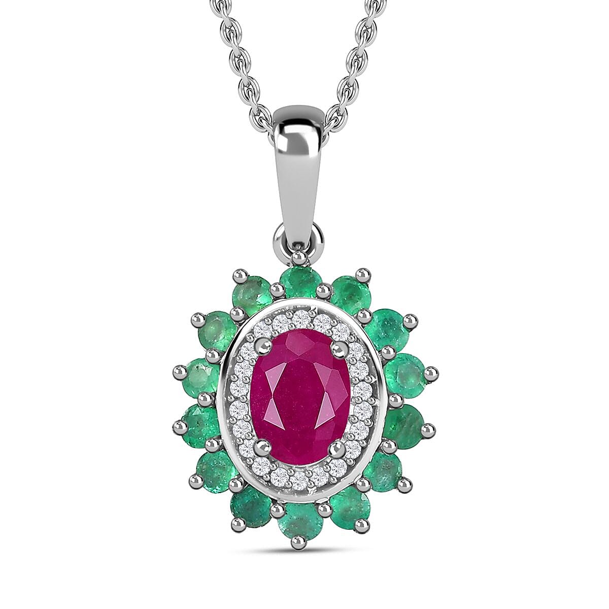Natural John Saul Ruby, Zambian Emerald & Moissanite Floral Pendant with Chain (Size 20) in Platinum Overlay Sterling Silver 1.85 Ct