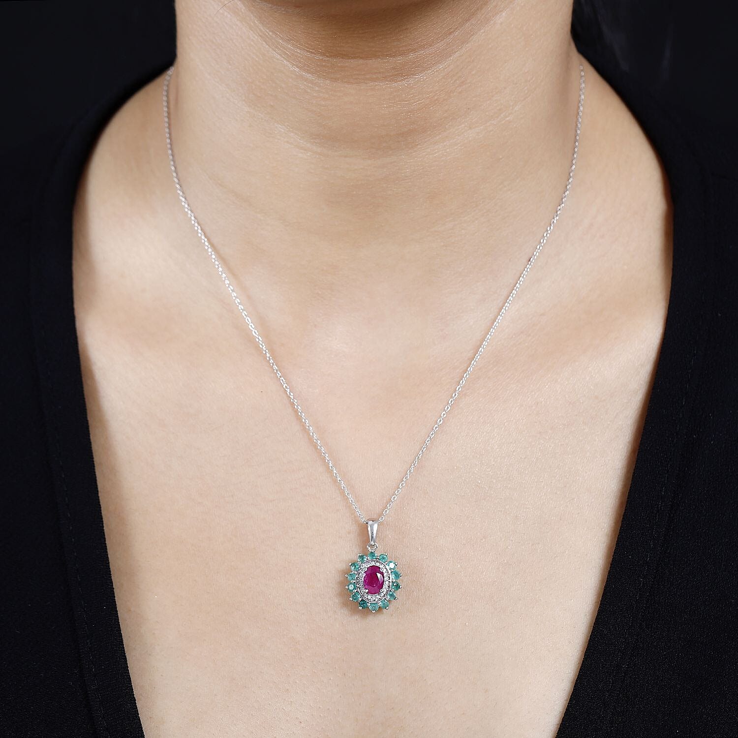 Natural John Saul Ruby, Zambian Emerald & Moissanite Floral Pendant with Chain (Size 20) in Platinum Overlay Sterling Silver 1.85 Ct