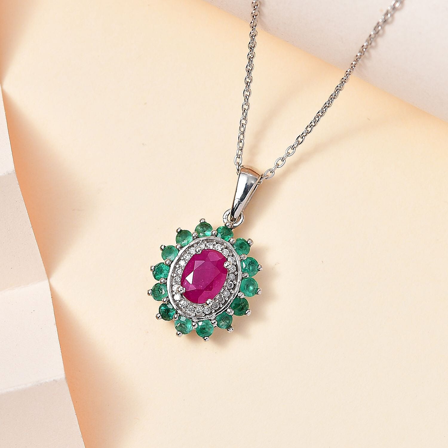 Natural John Saul Ruby, Zambian Emerald & Moissanite Floral Pendant with Chain (Size 20) in Platinum Overlay Sterling Silver 1.85 Ct