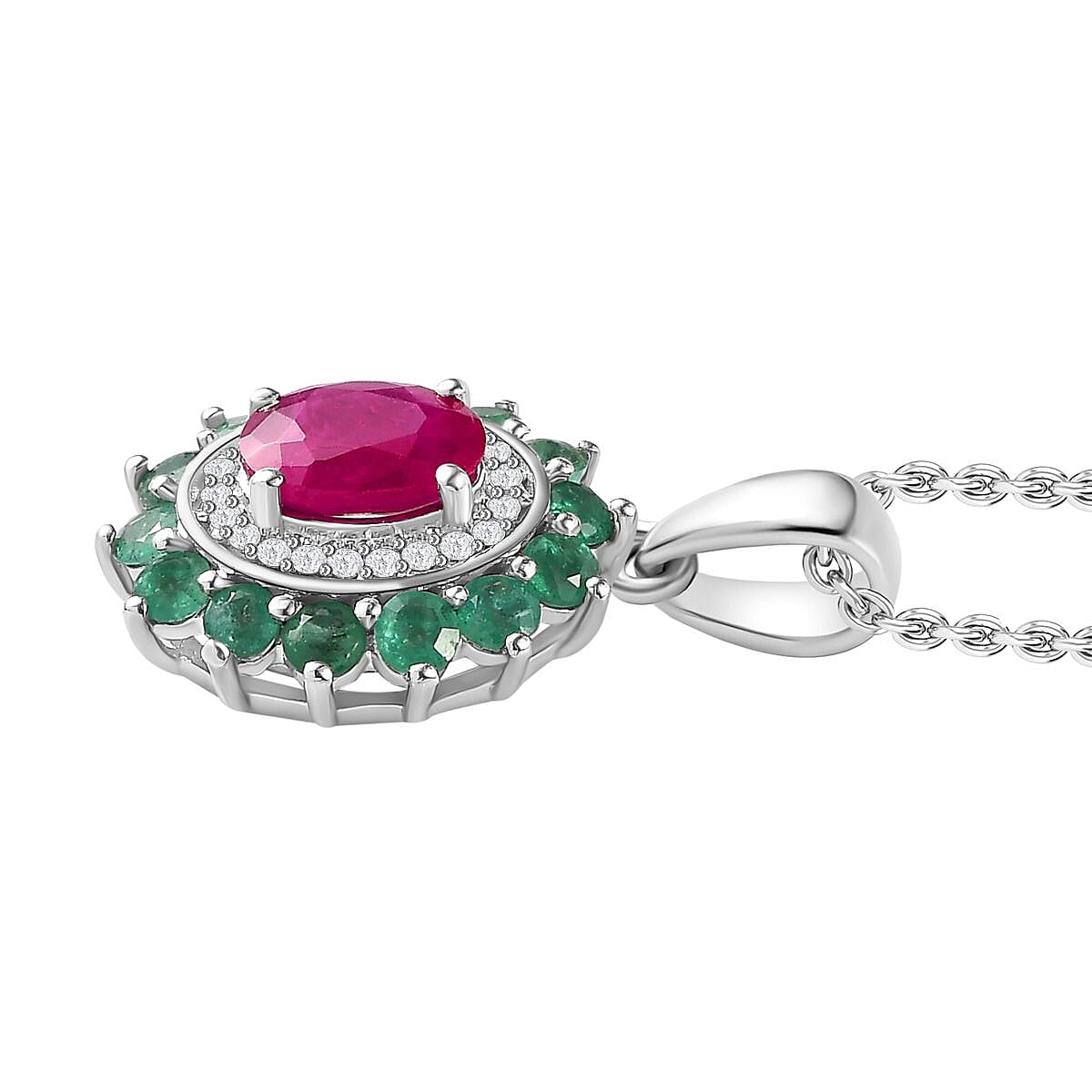 Natural John Saul Ruby, Zambian Emerald & Moissanite Floral Pendant with Chain (Size 20) in Platinum Overlay Sterling Silver 1.85 Ct