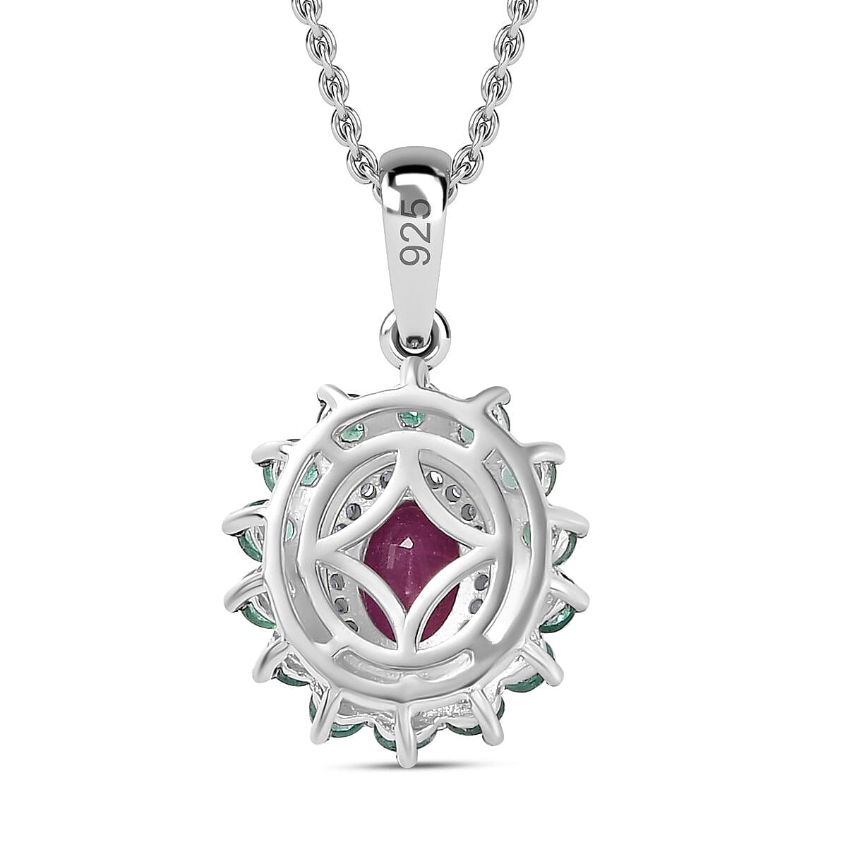 Natural John Saul Ruby, Zambian Emerald & Moissanite Floral Pendant with Chain (Size 20) in Platinum Overlay Sterling Silver 1.85 Ct