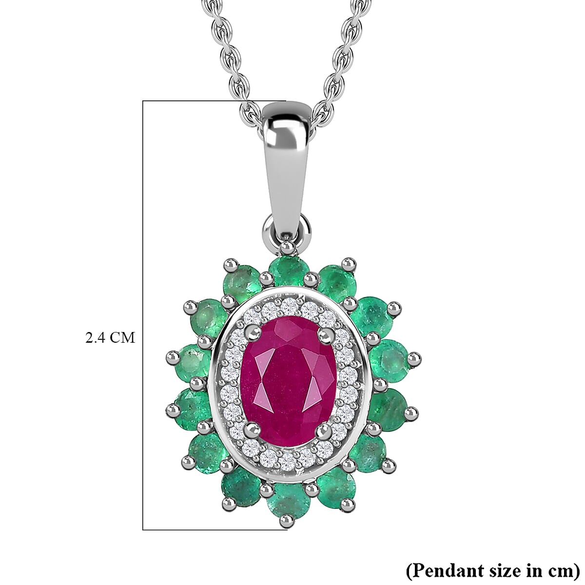 Natural John Saul Ruby, Zambian Emerald & Moissanite Floral Pendant with Chain (Size 20) in Platinum Overlay Sterling Silver 1.85 Ct