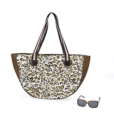 Leopard Pattern Tote Bag with Sunglasses - Brown