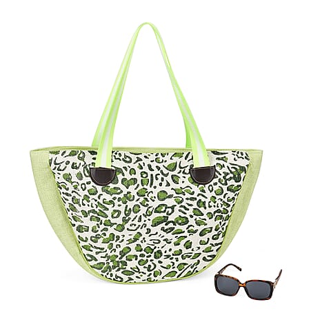 Leopard Pattern Tote Bag with Sunglasses - Green